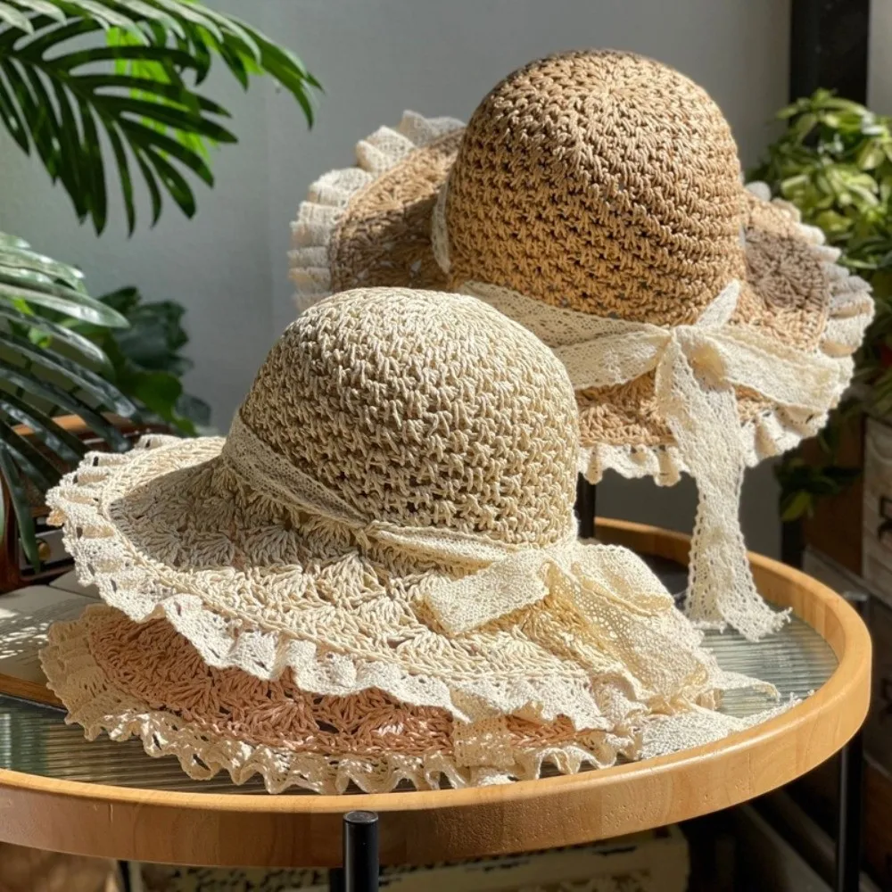 Breathable Wide-Brimmed Summer Straw Hat Foldable Lace Trim Beach Cap Hollow Sun Hat Outdoor