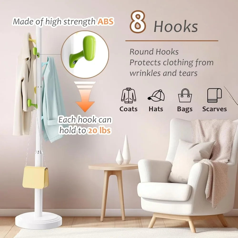 ราวแขวนเสื้อแบบตั้งพื้น ปรับความสูงได้ พร้อมตะขอ ABS 8 อัน ราวแขวนเสื้อเด็กบนฐานกลมที่มั่นคง ขนาดกลาง