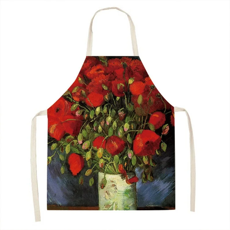 Creative Daisy Starry Sunflower Oil Painting Linen Apron Home Men\'s Cleaning Sleeveless Bib Kitchen Cooking Apron