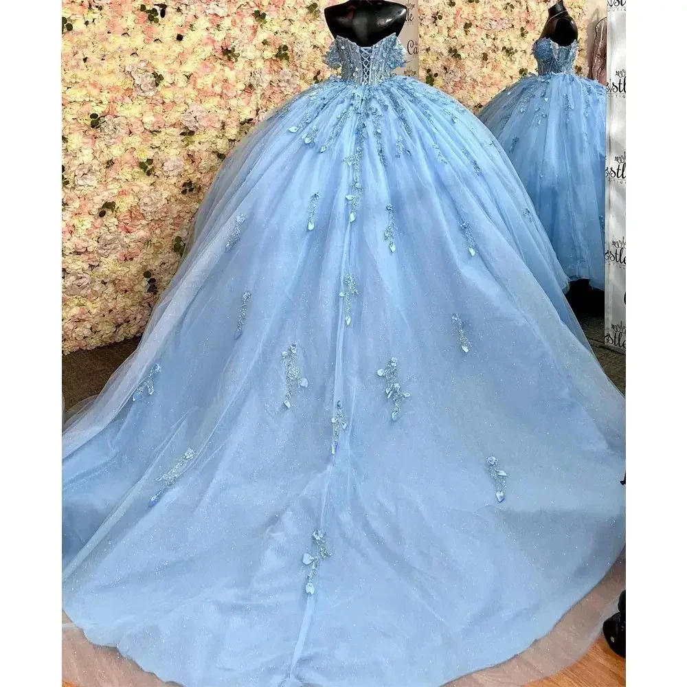 ANGELSBRIDEP gaun pesta bahu terbuka gaun Quinceanera gaun Vestidos De 15 Anos 3D renda Applique Court Train Princess gaun pesta