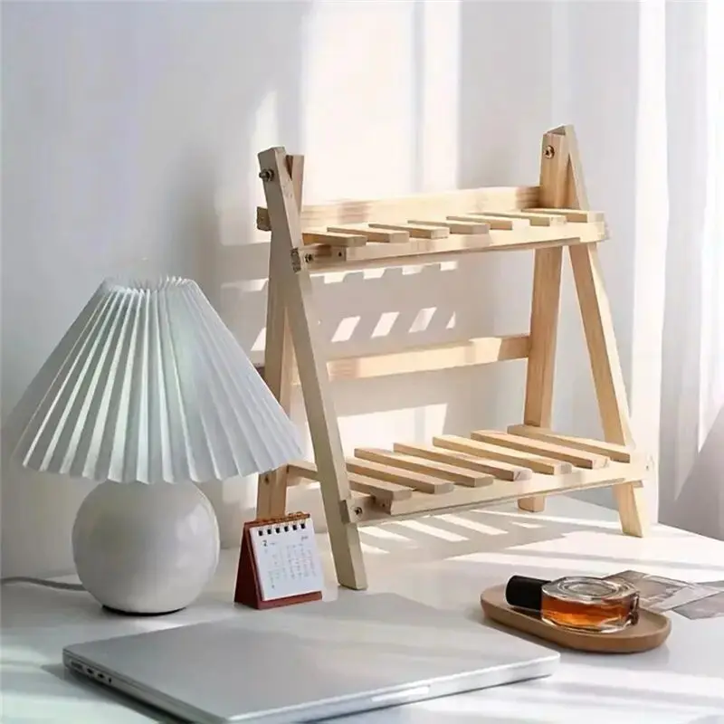ABKS-Wooden Storage Rack, 2-Layer Desktop Storage Rack, Ladder-Shaped Desk Display Rack, Desktop Office Storage Rack