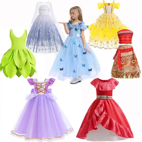 Disney Kopciuszek Elsa Elena Belle Roszpunka Moana Princess Dress Różne style Świąteczny karnawałowy strój dla dziewczynek Zestaw ubrań
