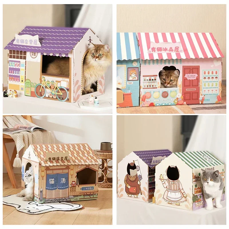 Maisonnette amovible pour chat en carton ondulé, avec griffoir, jouet et lit de repos pour chats et chatons
