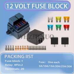 Fuse Relay Box ATC/ATO Fuse Holder, 2 x 4Pin 80A Relays and 6 x ATC ATO Fuses, Universal Waterproof Relay Fuse Block