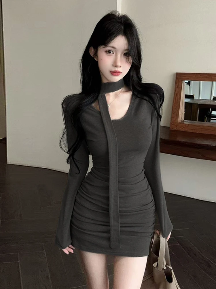 

Sexy Slim Fit Long Sve V-Ne Draped oulder Pad Dr Trendy Girl Pure Desire Sle Base Layer Skirt Alluring Hot Girl D...