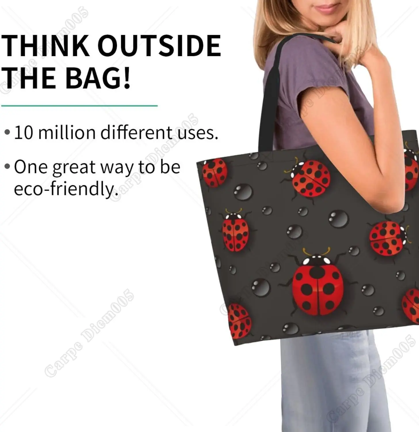 Rainy Droplet Lady Bug Insect Tote Bag Grocery Bag Shopping Bag Handbag Beach Bag Gift Bag for Women Reusable Shopping Bag