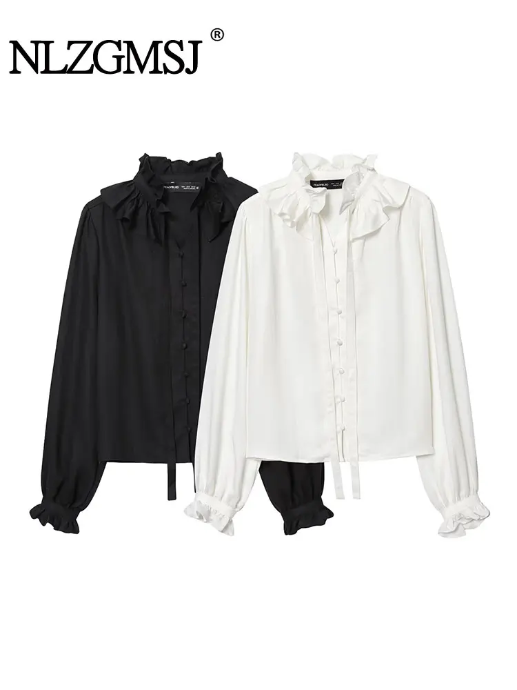 

NLZGMSJ Vintage Elegant Chic Women Blouse V-Neck Tiered Long Sleeve Shirt Fashion 2026 Spring Summer Holiday Blouse