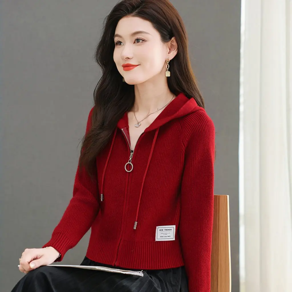 

Spring Autumn Short Knitted Cardigan Hooded Shoulder Sleeve Insertion Cashmere Sweater Versatile Slimming Outerwear For Women