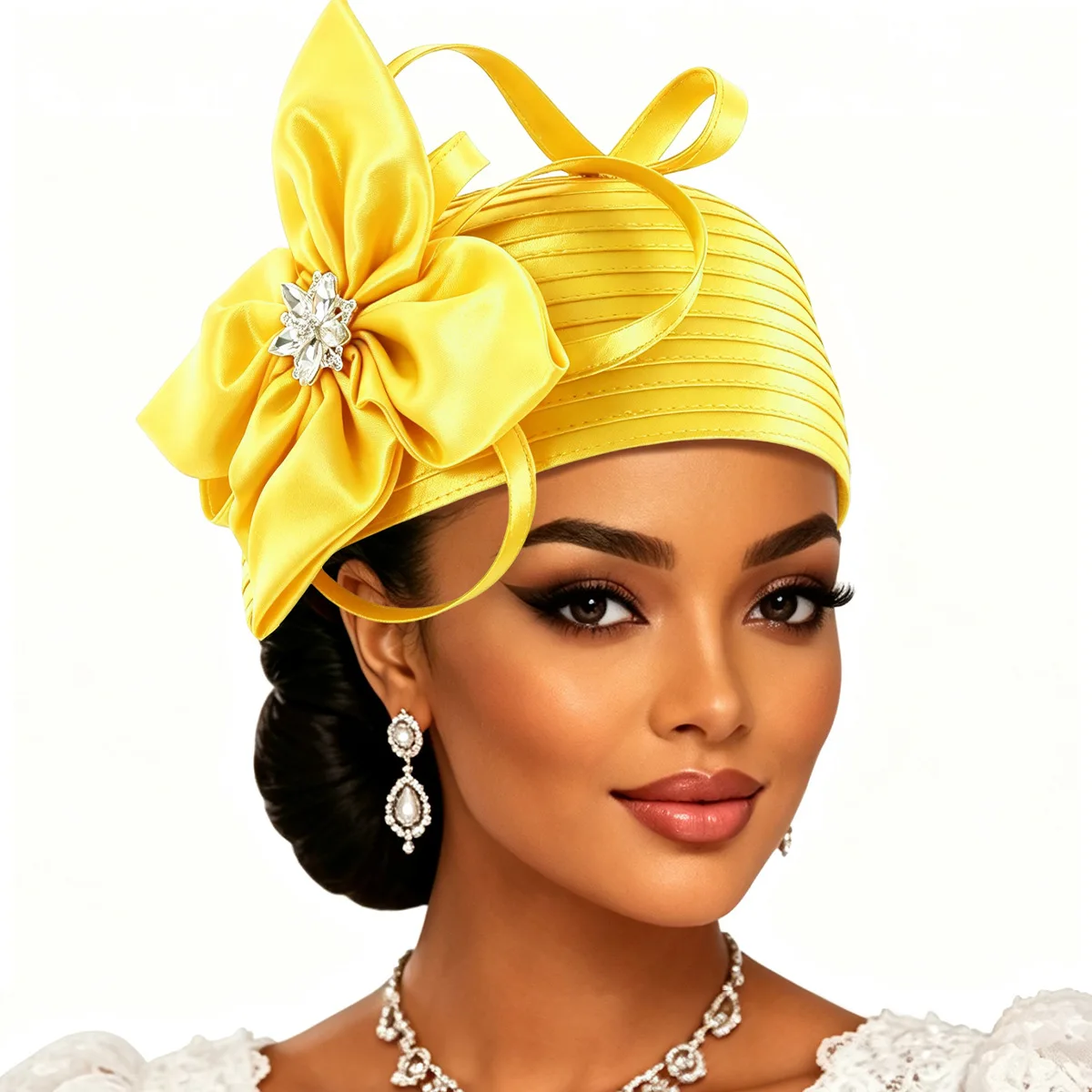 Luxury African Geles Women Hijab Flower Bonnet Rhinestone Turban Hat Pleated Head Wrap Formal Wedding Church Tea Party Headwear