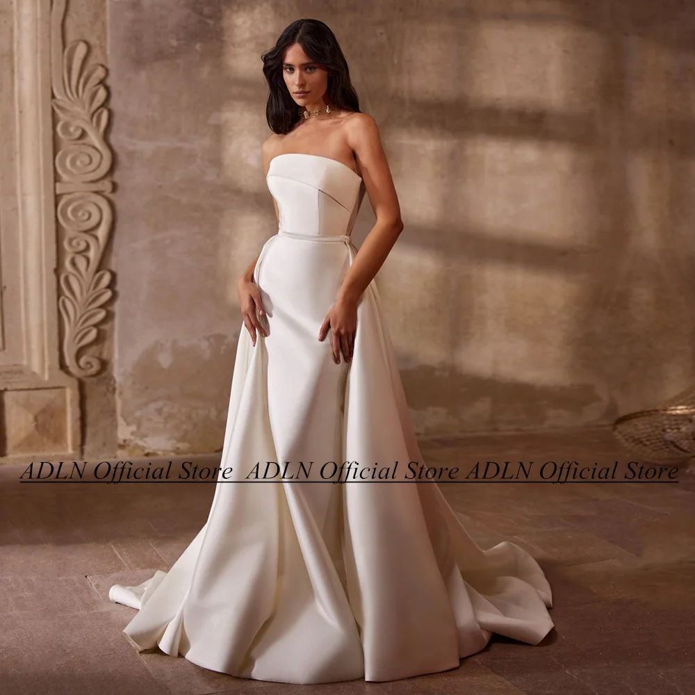 Satin Wedding Dress with Detachable Skirt ADLN Strapless Sleeveless Sweep Train Simple Bridal Gown Vestido De Noiva Lace-up