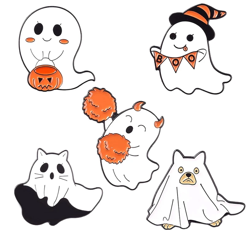 5 Pcs Cute Specter Enamel Pin Set Halloween Ghost Brooch Lapel Pin For Backpack And Jackets DIY Accessories