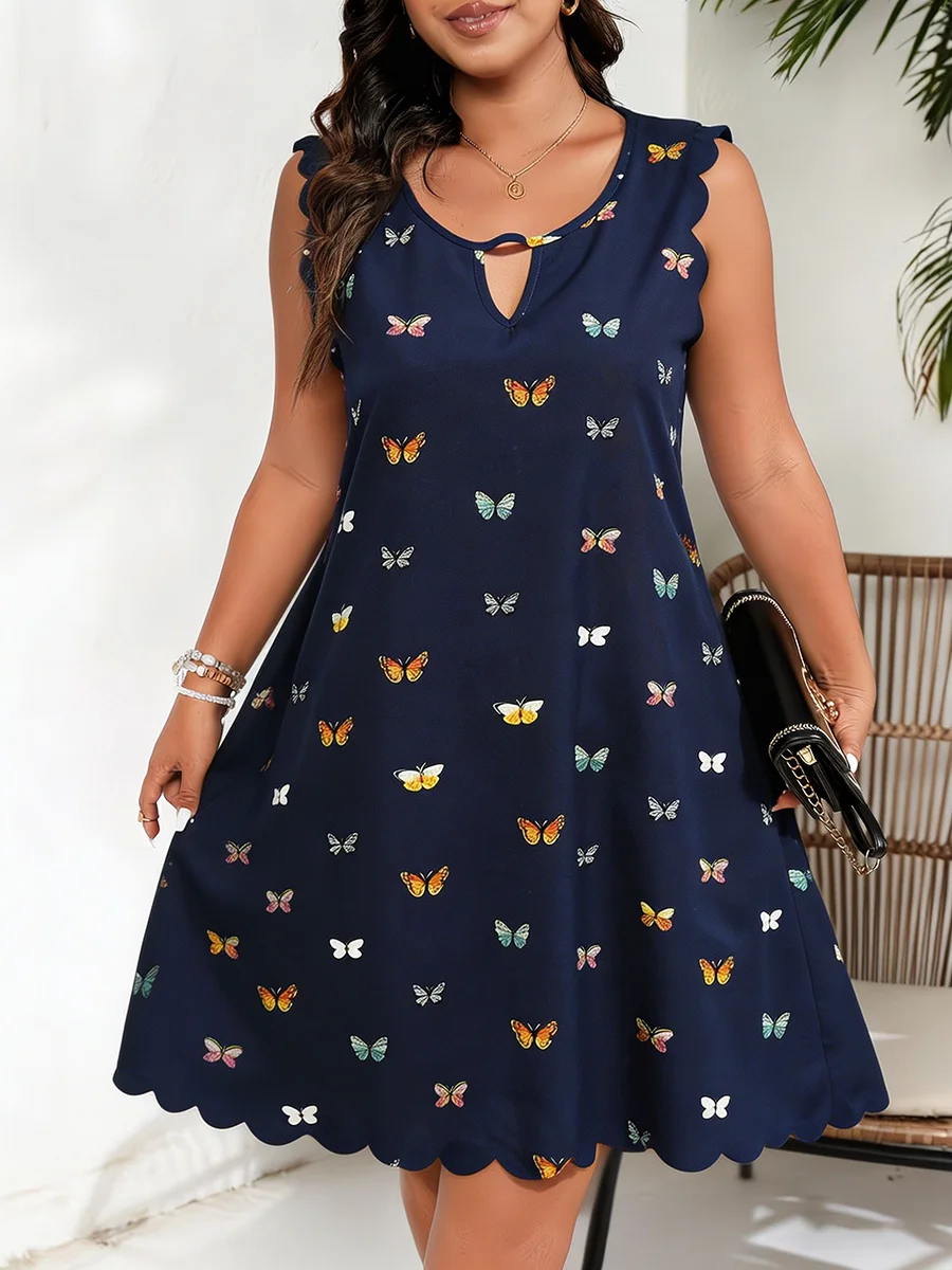 

Plus Size Women Butterfly Dress Keyhole Sleeveless Scallop Tunic Frock Loose Fit Basic Chic Ladies Wear Spring Summer Daily Top