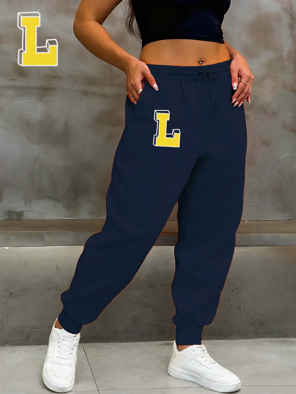 رسالة L يطبع Sweatpants المرأة أساسيات جيب السراويل الشتاء فضفاض الصوف السراويل الدافئة عارضة مرونة الخصر المرأة الشارع الشهير