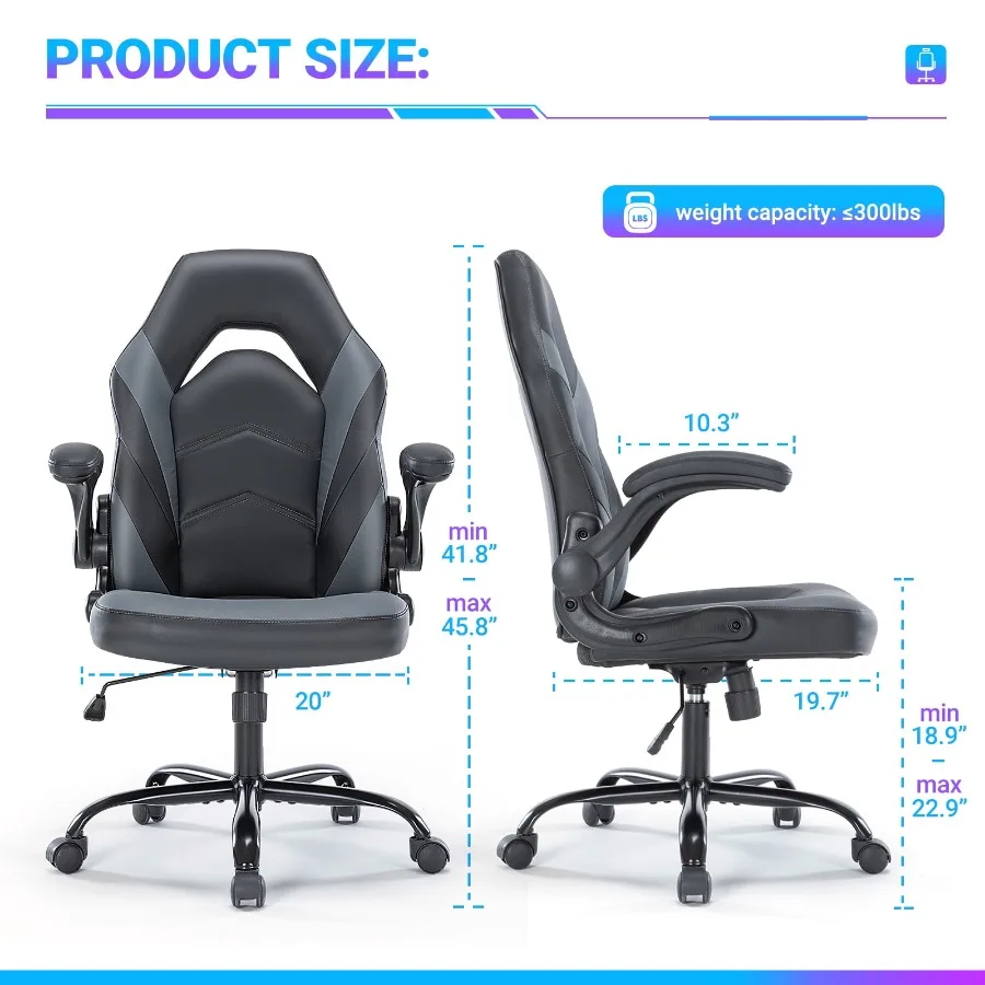 Ergonomic Gaming Chair with PU Leather Adjustable Swivel Computer and Office Desk Chair with Flip-Up Armrests Gray view 4