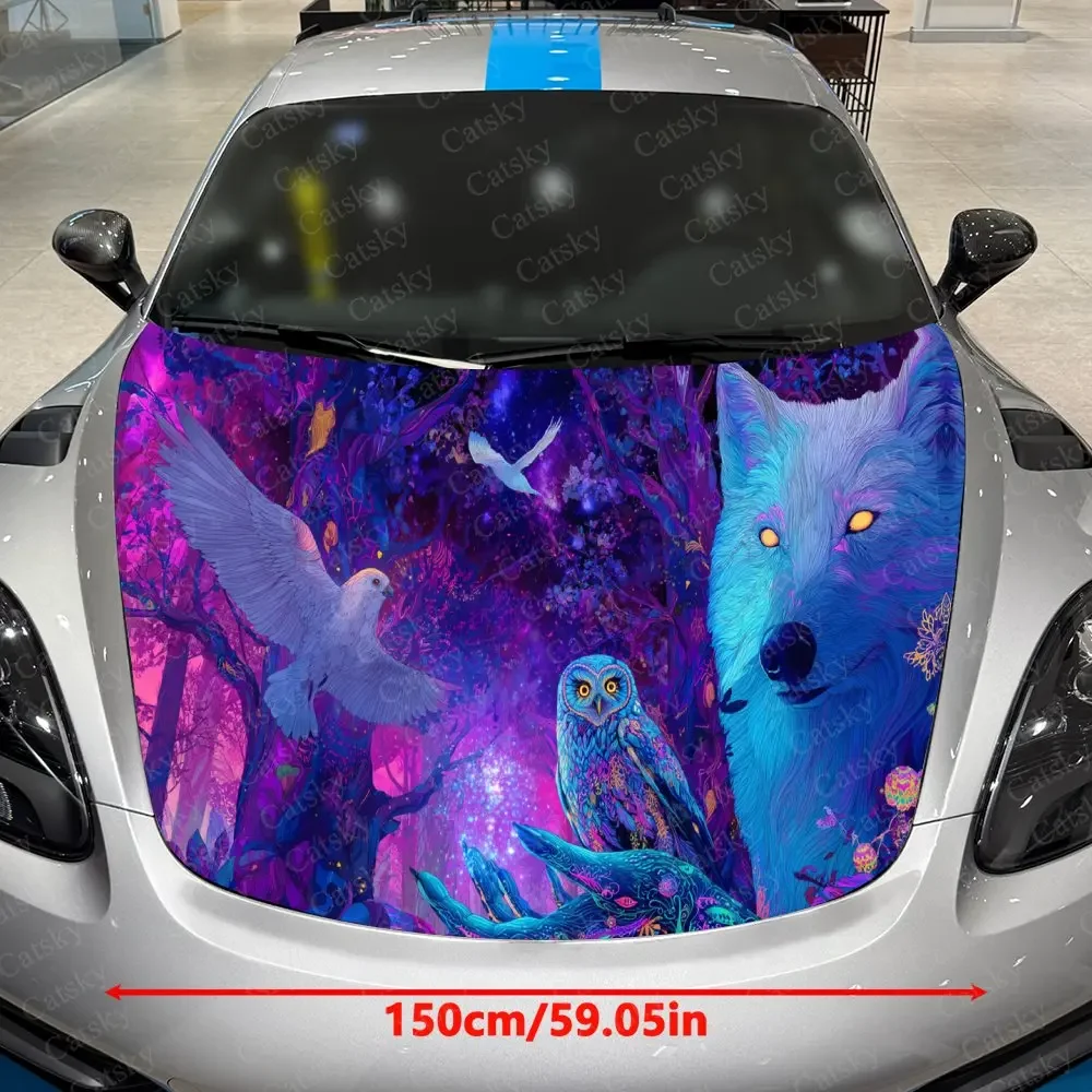 Wolf, Owl & Bird Coexist Car Vinyl Wrap, PVC Waterproof Car Hood Sticker, Self-Adhesive Scratch-Resistant Stickers