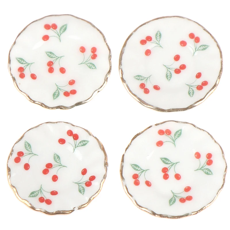 4PCS Kitchen Toys Dollhouse Cherry Trays Plates Doll Durable Mini Food Dishes Tableware Miniature Doll House Accessories