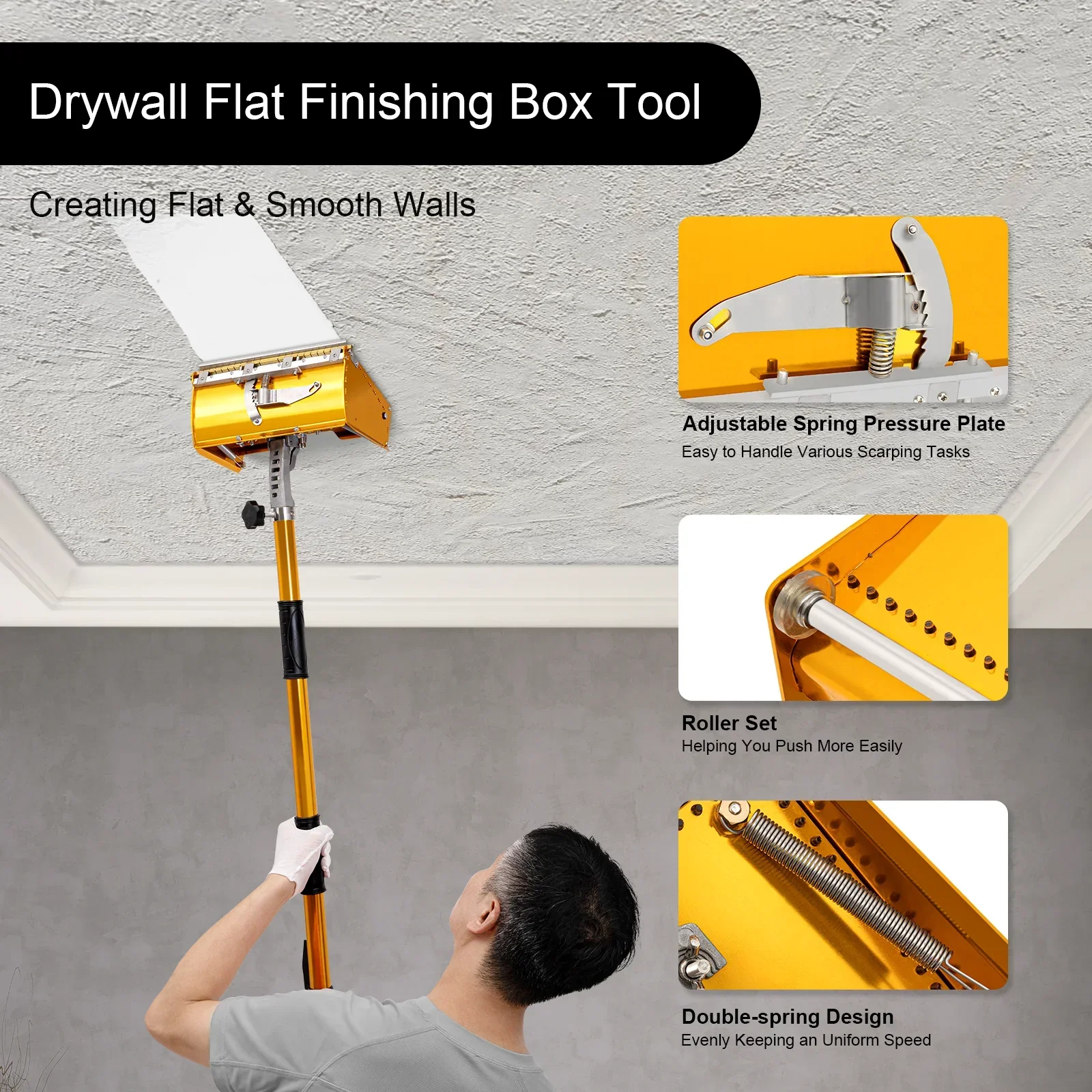 9.8" Drywall Taping Tools Flat Finishing Box Kit Lastering Plaster Box Tool with 40-64'' 120° Adjustable Extendable Handle