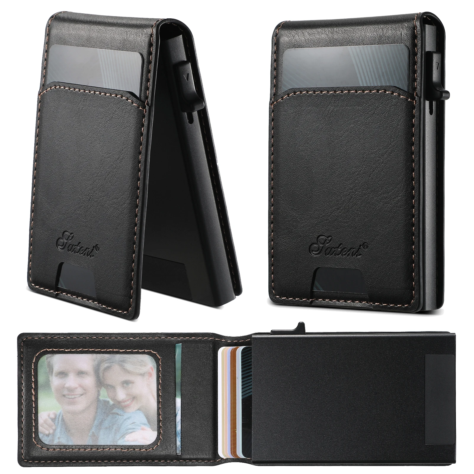 SUTENI Card Slot Wallet Flip Cover Luxury Faux Leather Button Card Box Pressing The Button Automatically Ejects The Card