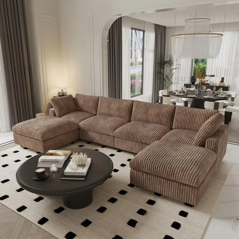 for  American Vintage Modern Brown Modular Segmented 3 Seat Sofa Thick Striped Plush Corduroy Fabric Living Room Sofa