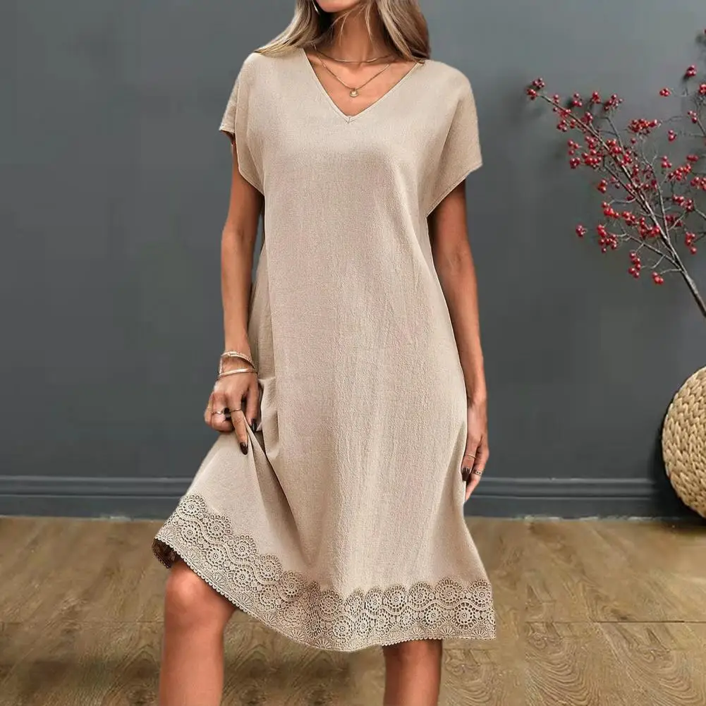 

Summer Women Dress V Neck Short Sleeve Dress Loose Lace Patchwork Knee Length Pullover Casual Midi Dress