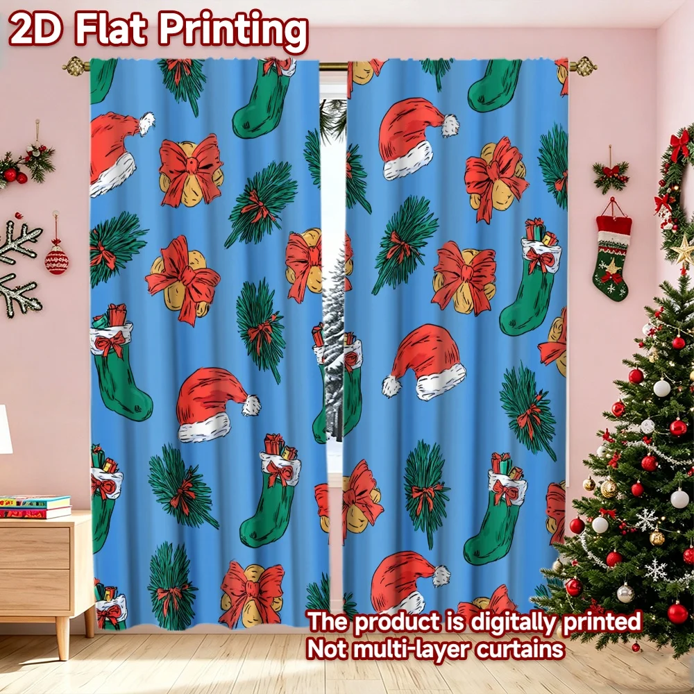 2D flat printing 2pcs Stylish Christmas Curtains Christmas Hats and Greenery Digitally printed polyester, colorfast Festive