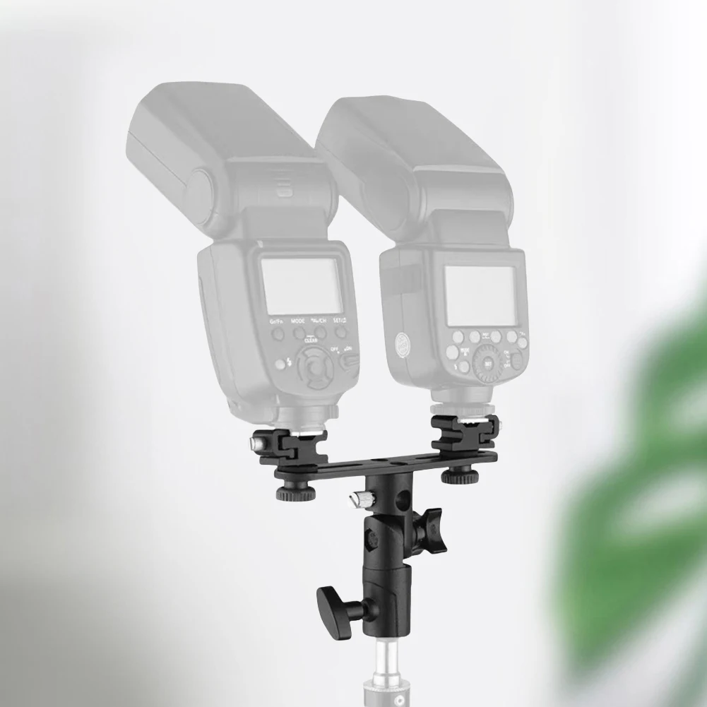 

Dual Flash Bracket Hot Shoe Speedlight Stand 1/4inch To 3/8inch Double Hot Shoe Flash Umbrella Holder with 2 Cold Shoe Mount