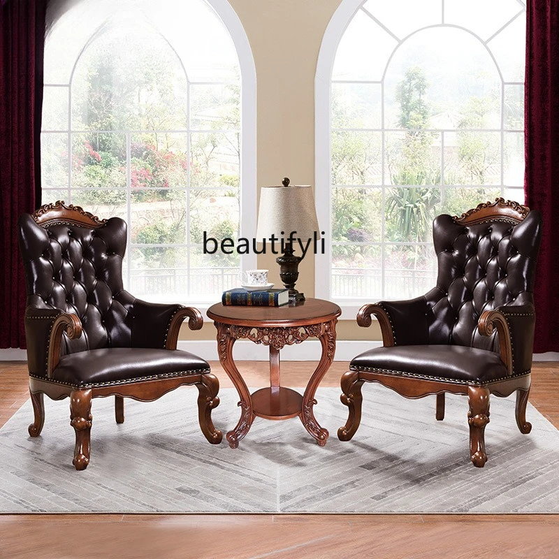American Retro Genuine Leather High-Back Lounge Chair Single Sofa Chair Solid Wood  Study Office Chair