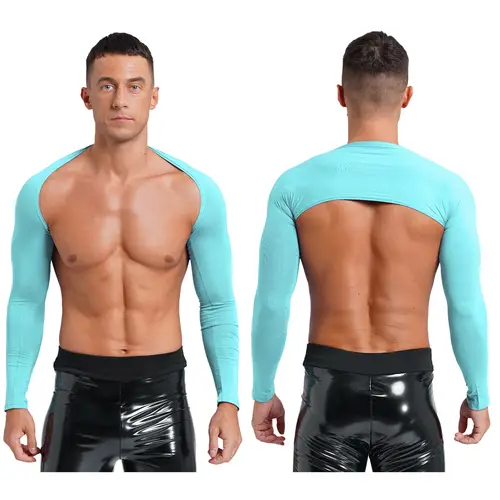 Men Open Front Half Crop Top Solid Long Sleeve Cardigan Bolero Shrug Tops Muscle Arm Sleeves Workout Sports Gym Tops Clubwear - Image 12