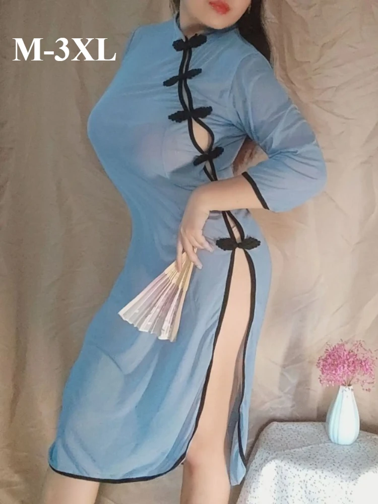 

Plus Size Women Erotic High Split Cheongsam Chinese Republic Retro Student Cosplay See Through Lingerie Night Club Stage Outfits