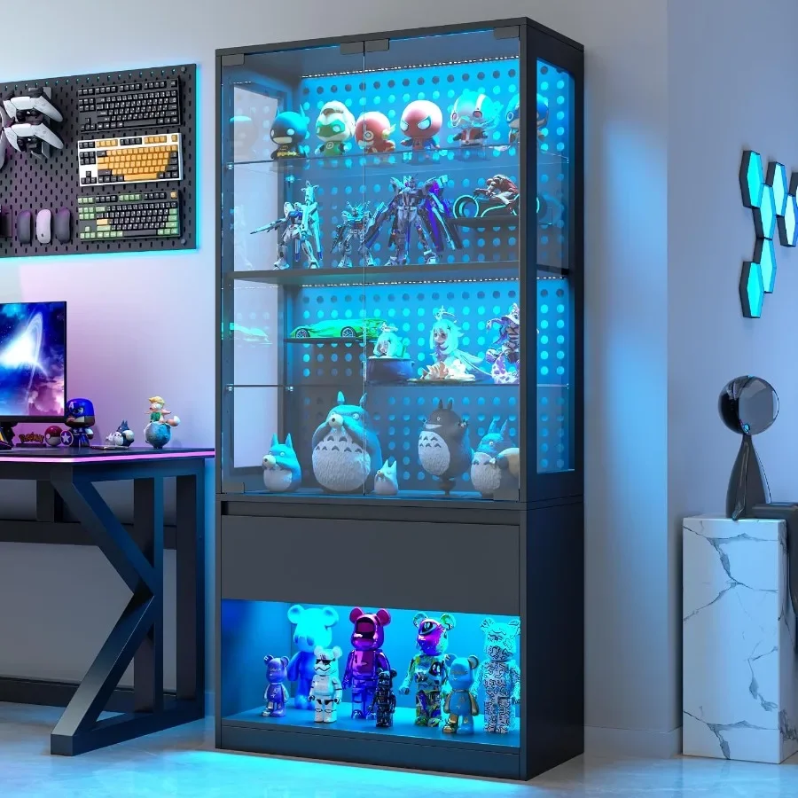 5-Tier Glass Display Cabinet with Drawer and Glass Doors, Curio Cabinet with Pegboard and Adjustable Shelves, LED Display Case