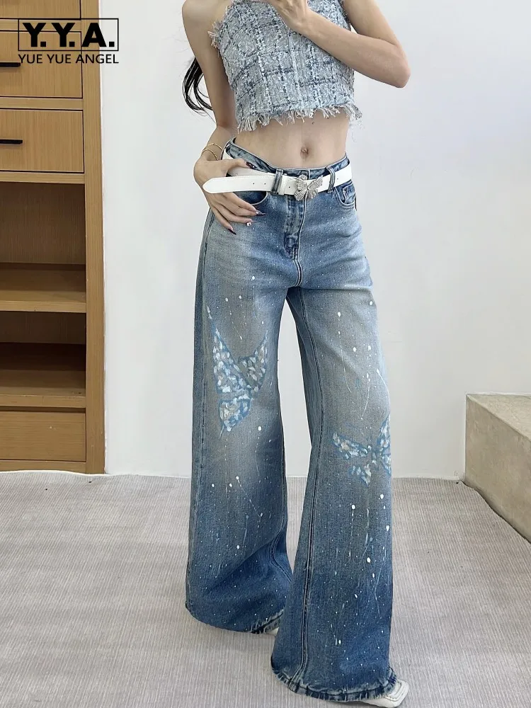 

Hot Sale Female Diamond Butterfly Graffiti Jeans High Waist Loose Straight Wide Leg Long Pant Women Fashion Casual Denim Trouser