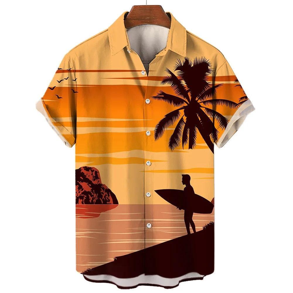 

2023 Men's Summer Loose Hawaiian Style Coconut Beach Printed Casual Short Sleeve Shirt