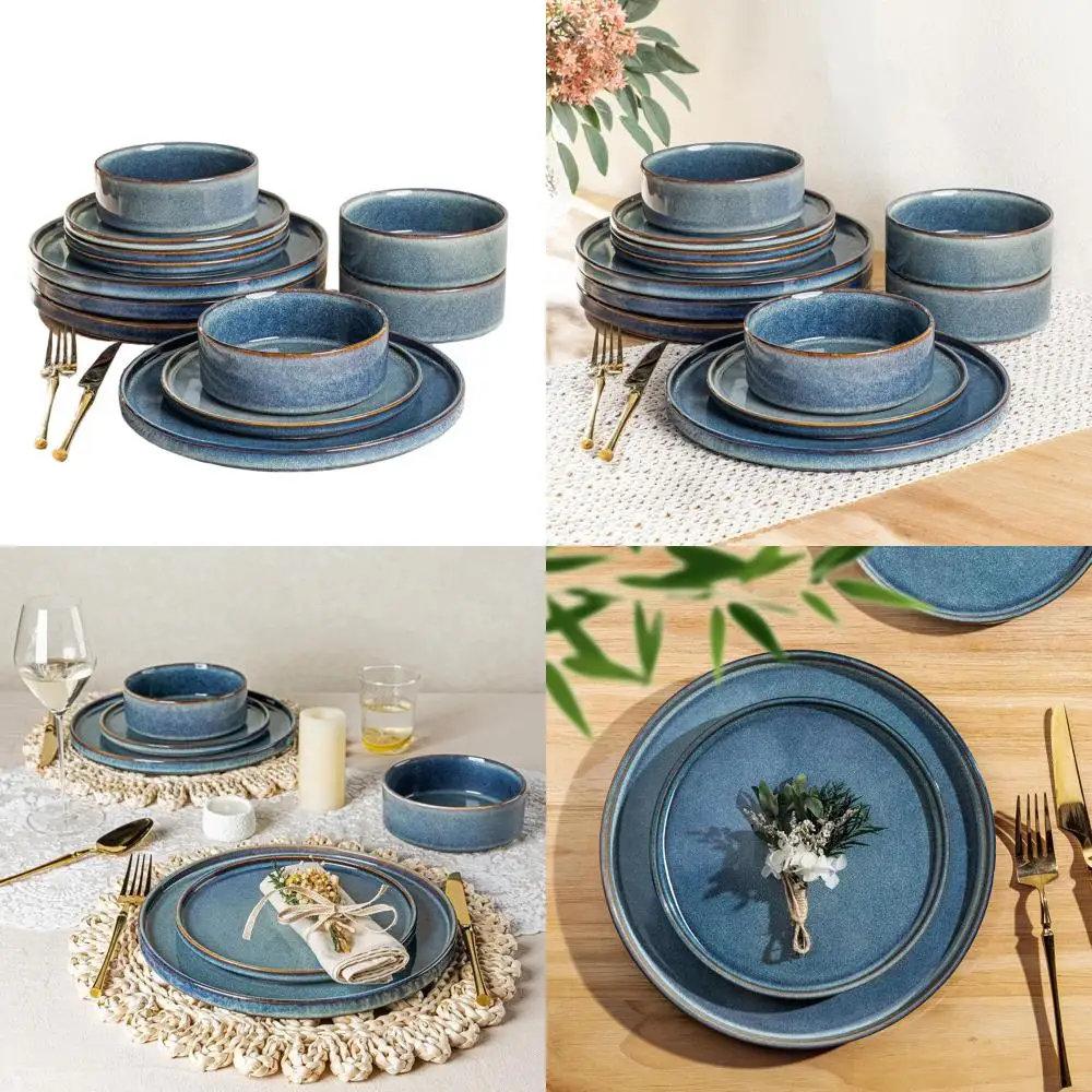 

Handcrafted Stoneware Dinnerware Set with Reactive Glaze, 12-Piece, Dishwasher and Microwave Safe, Resistant to Chips and Cracks