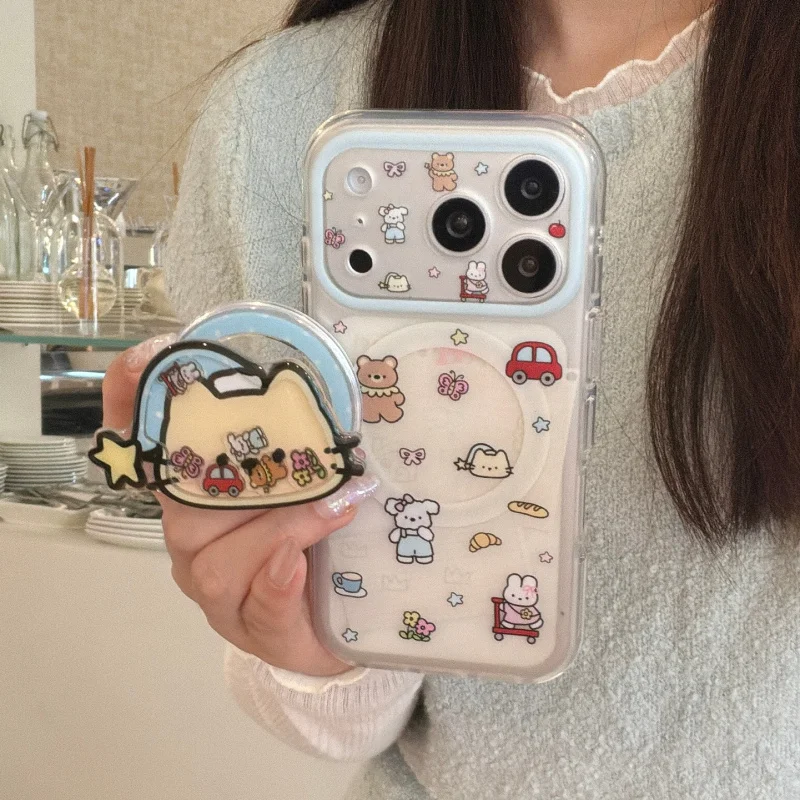 

Korean Cute Cartoon Puppy Rabbit Magnetic Phone Case For iPhone 17 Pro 16 15 Pro Max Cover with Shaking Stand Cases For Magsafe