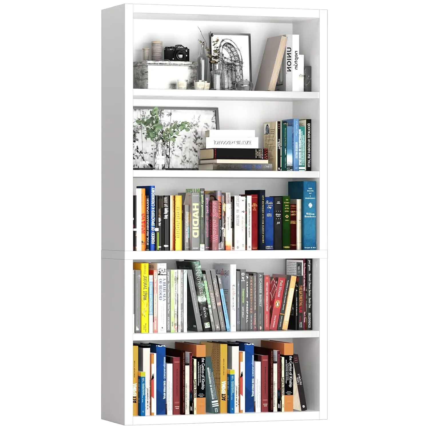 5 Tier Wooden Bookshelf 60 Inch Tall Open Storage Display Shelf for Living Room Home Office Study White, Customized