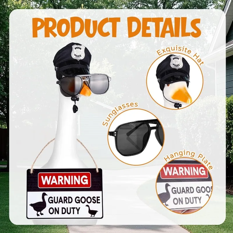 Police Officer Goose Outfit Set with Cop Hat, Sunglasses And 'Guard Goose on Duty' Sign, Fits 23 Inch Porch Goose Statue, Funny Yard Decor view 3
