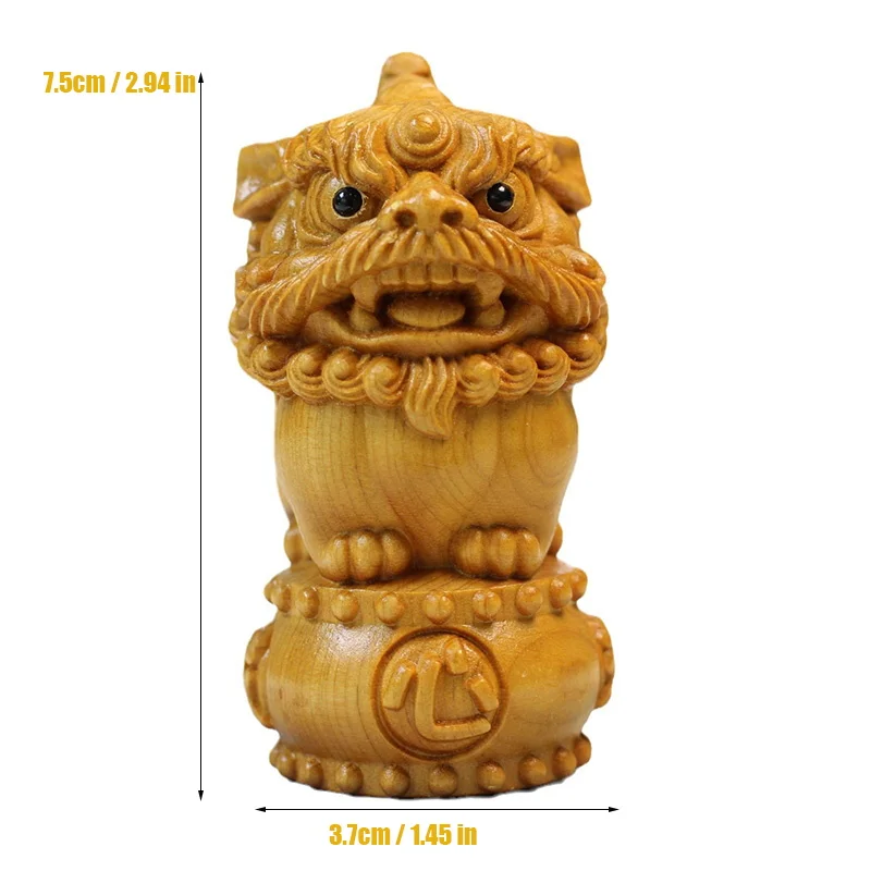 Natural Cypress Auspicious Lion Animal Figurine Hand-Carved Home Room Office Car Decoration  Chinese Characteristics Figurines