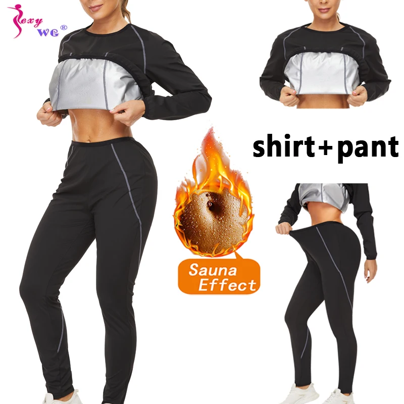 SEXYWG Sauna Sweat Suit for Women Fitness Slim Workout Pants Shirt Body Shaper Waist Trainer Weight Loss Sports Jacket Fat Burn