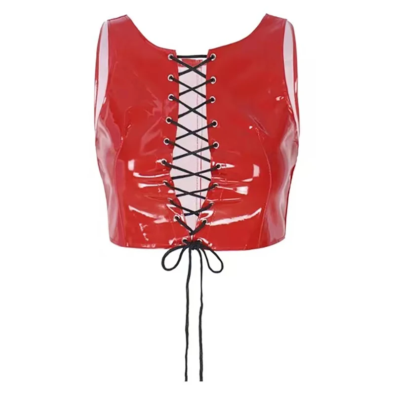 Women sexy shiny leather Vest Hot Porn Breast Exposed Cleavage Wetlook Latex Shaping Camisole Lace-up Front Adjustable Sexi