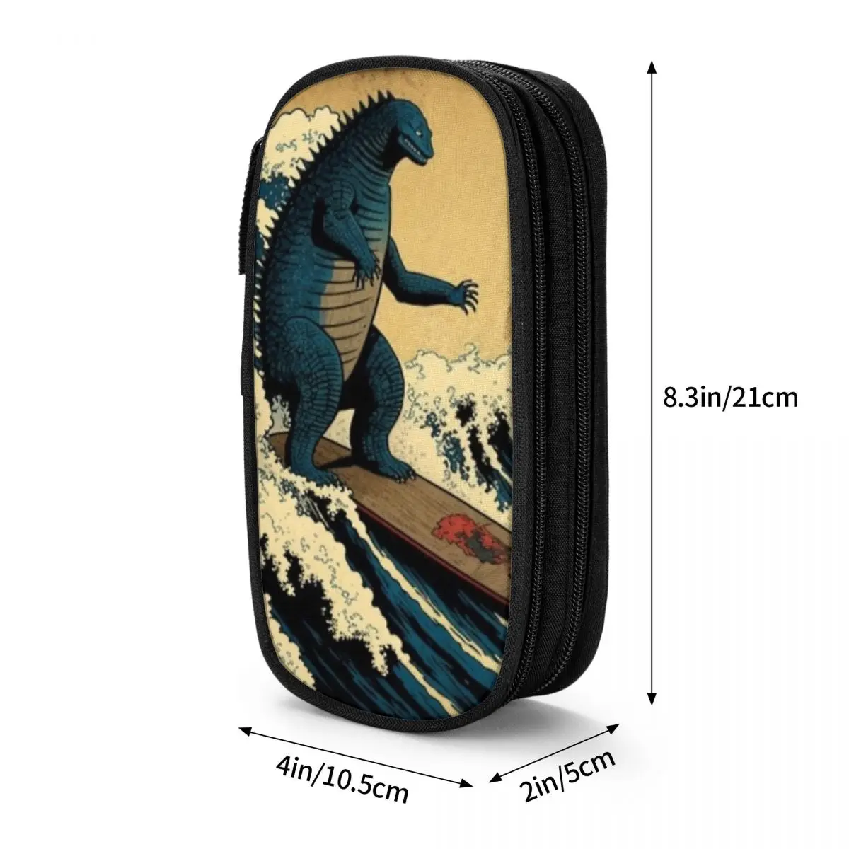 Retro japonês Godzillaed Great Wave Pencil Case, Lápis de lona para menina e menino, Lápis escolar portátil, Organizador de papelaria