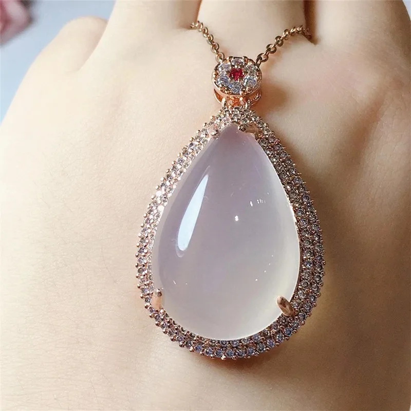 

New Natural Inlaid High Ice White Chalcedony Drop Pendant Agate Ladies Fashion Joker Necklace