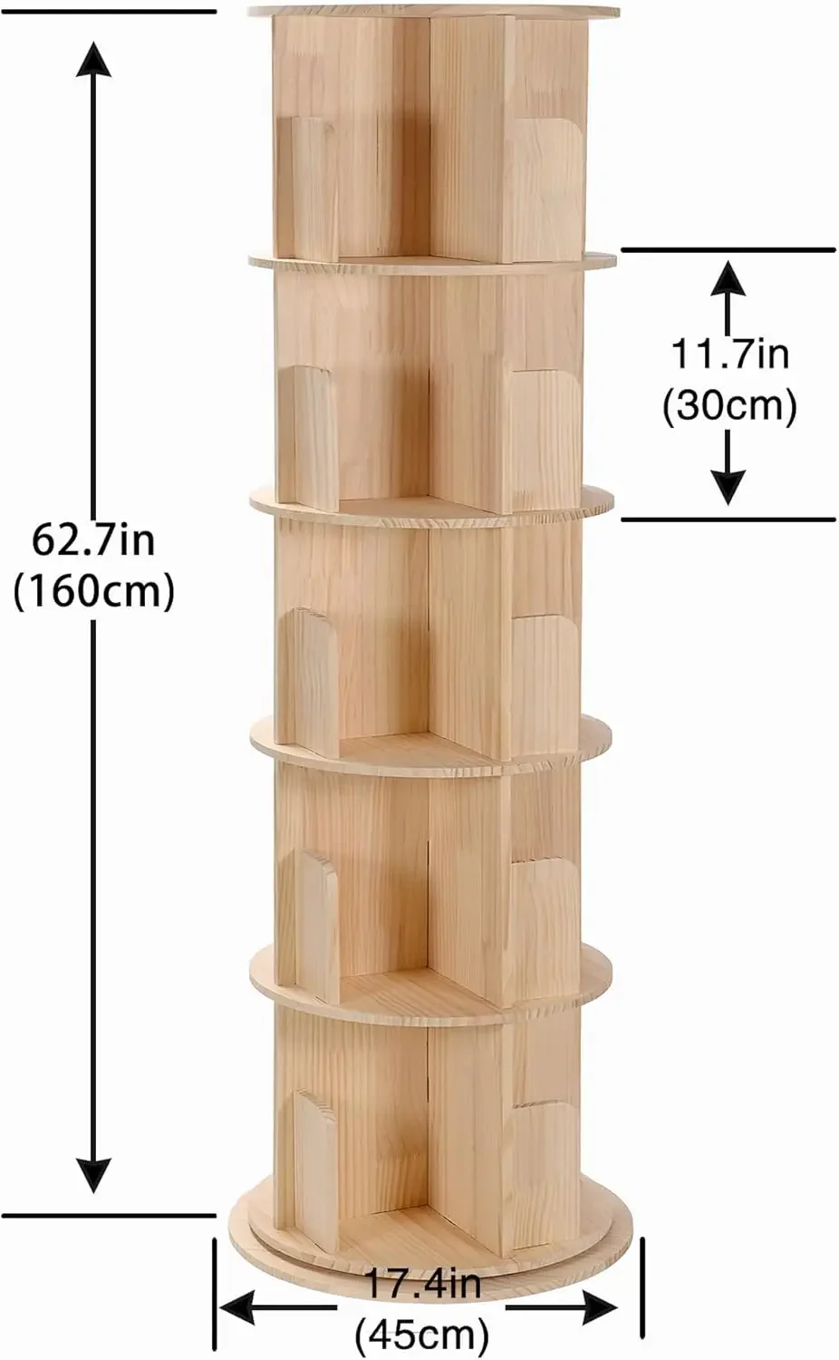 360 Display Corner Bookshelf for Small Space, 5 Tier Floor Standing Bookcase Storage Rack, Wood Narrow Organizer for Bedroom, Li