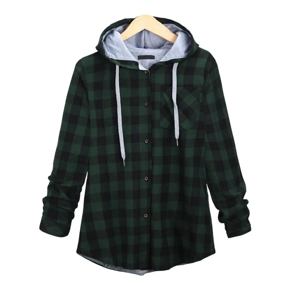 Women Coat Women Long-sleeve Jacket Plaid Print Hooded Cardigan for Women with Drawstring Waist Chest Pocket Stylish for Autumn