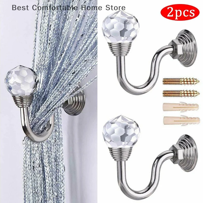 2Pcs Metal Curtain Holdback Hanger Wall Tie Backs Hooks Holder Home Decor Curtain Tie Back Artificial Crystal Wall Hooks