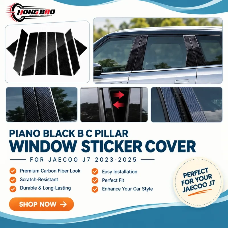 For Jaecoo J7 2023-2025 8Pcs Glossy Piano Black Carbon Fiber Style PC Car B C Pillar Window Trim Cover Sticker Accessories