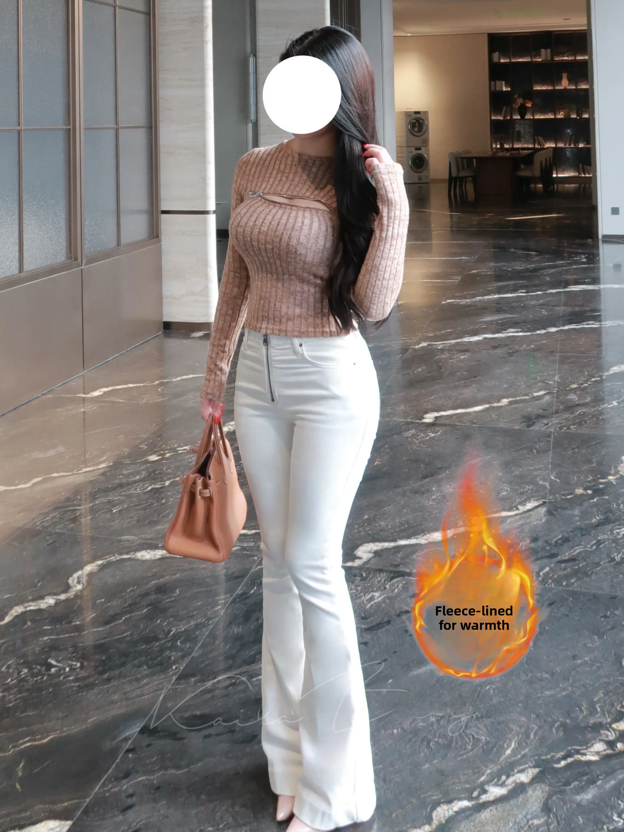 

High Waist Slim Fit Fce Lined Zipper Jeans Women's Autumn Winter Faionable Versatile Casual High Elastici Cotton Denim