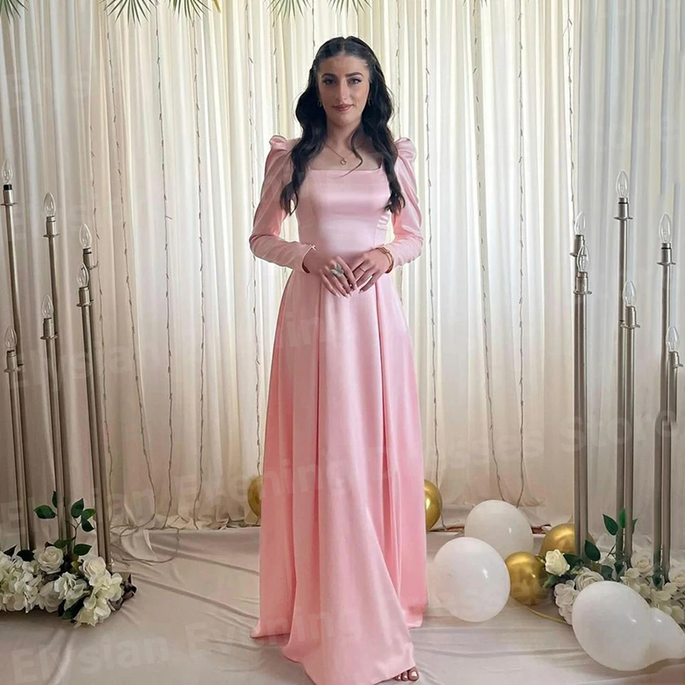 Graceful Pink Women's A Line Evening Dresses Long Sleeve Customized Prom Gowns Square Collar Formal Party Vestidos Para Mujer