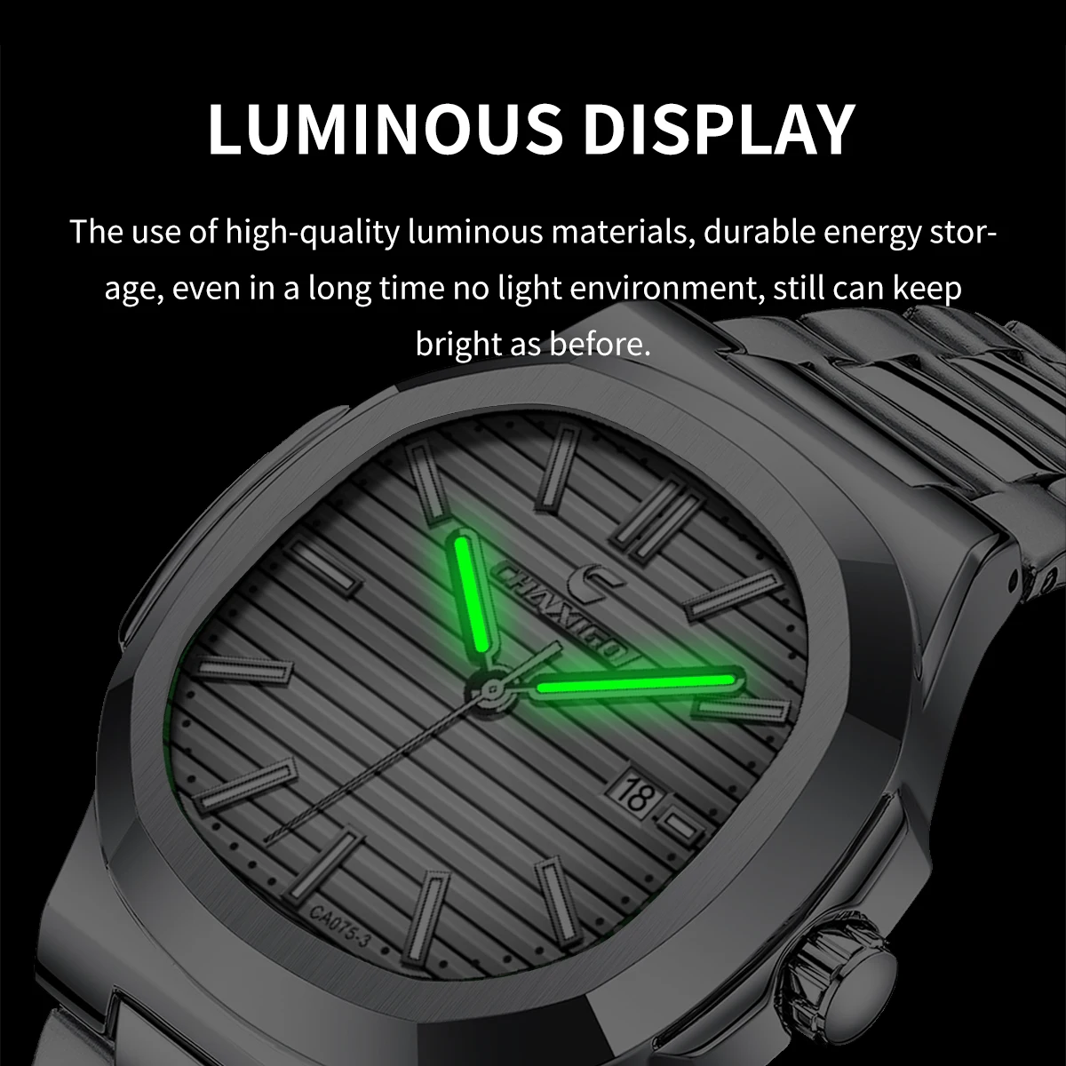 CHAXIGO Masculino Clássico Negócios Casual Pulseira de Aço Inoxidável Relógio de Quartzo Vidro Mineral Display Luminoso Relógio Vestido À Prova D 'Água