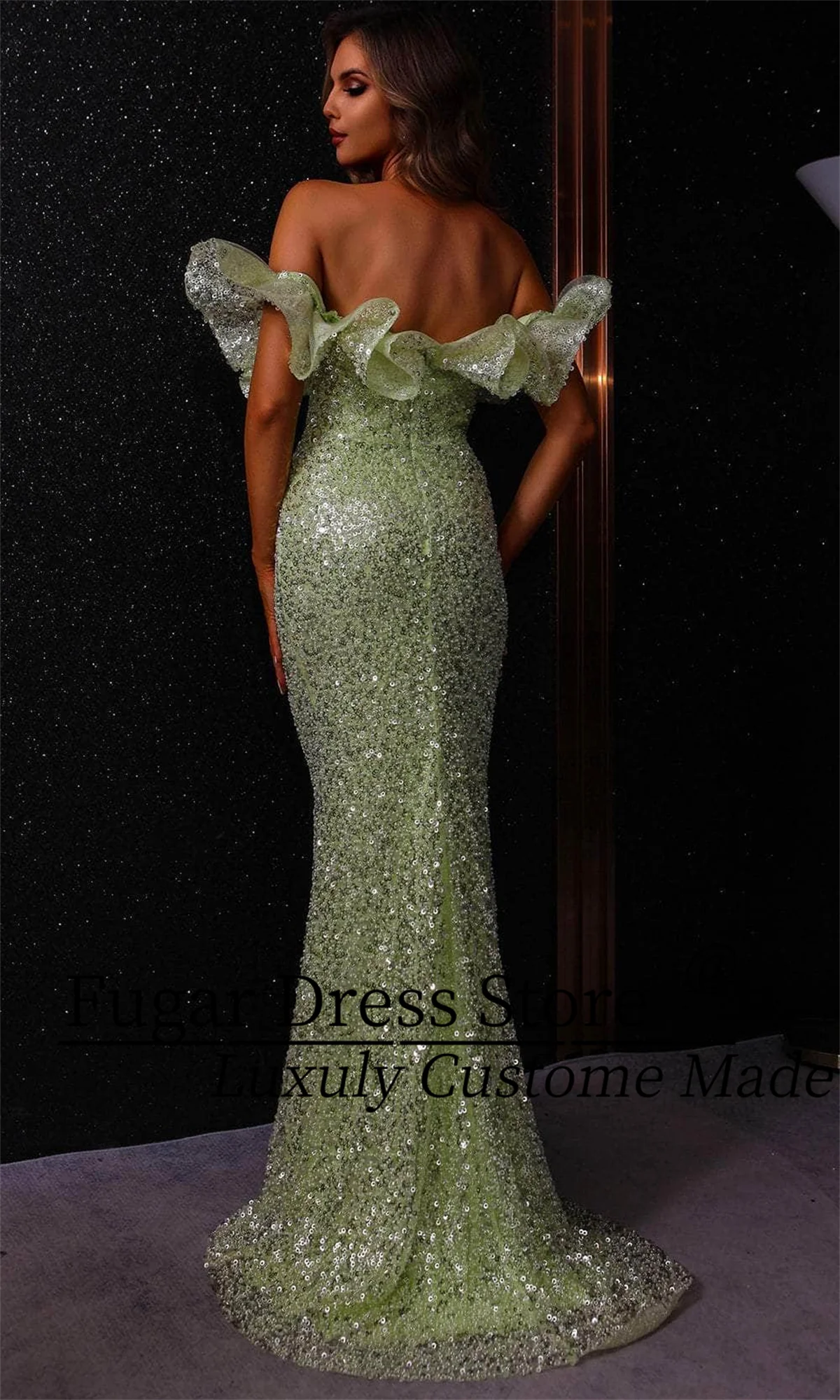 TIANTIAN Op maat gemaakt Schouderafhangend V-hals Heldere pailletten zoals sterren Prachtige lagen gestapeld sweep trein Galajurk فساتadro 2017-