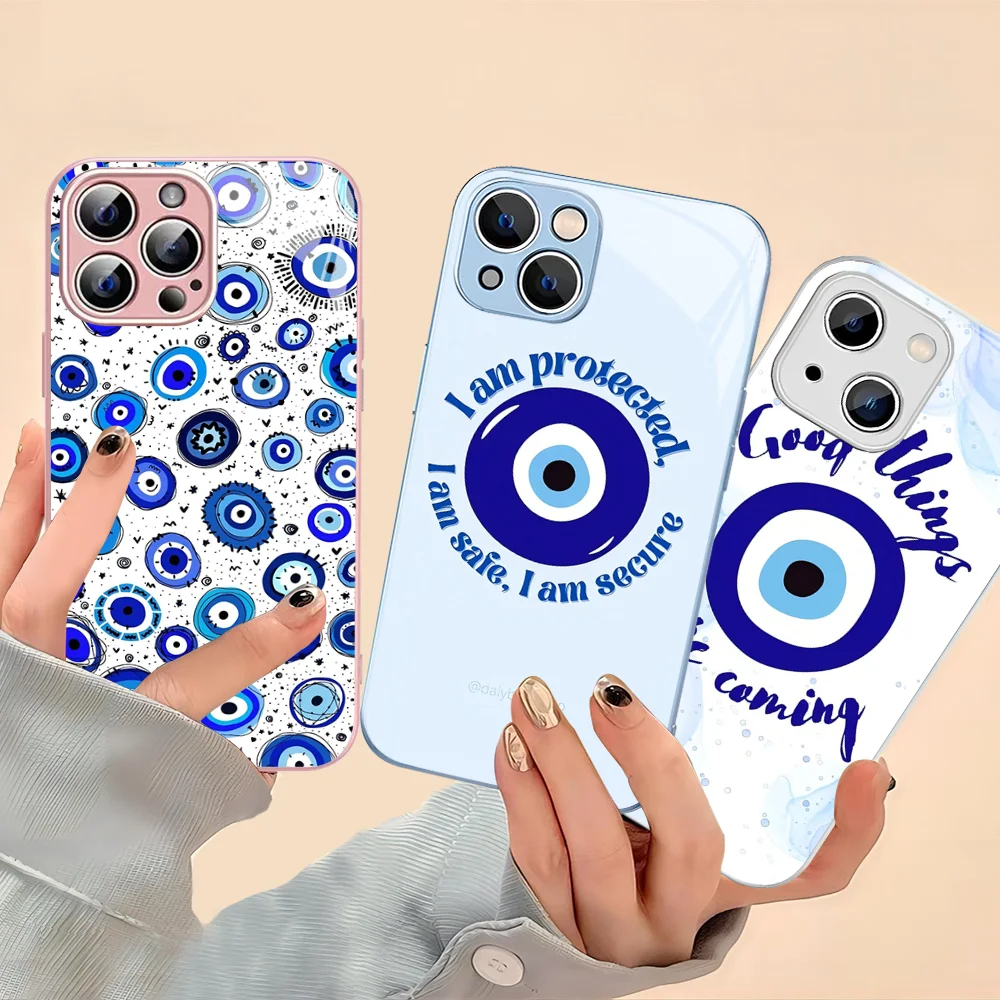 

Funny Turkish Lucky Blue Evil Eye Phone Case For iPhone 14 13 12 Mini 11 Pro XS Max X XR 14 Plus Tempered Glass Cover